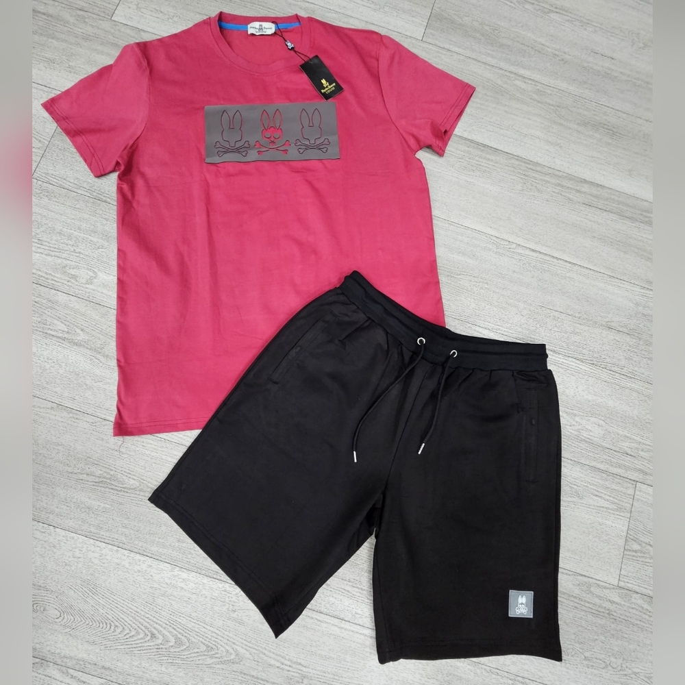 NEW Psycho Bunny Maroon Red Graphic Tee & Shorts Set